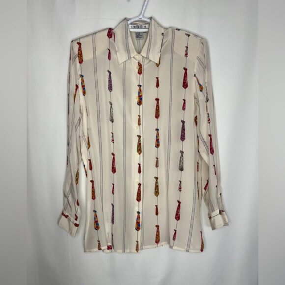 C.NV.RS.T..N 100% Silk Button up Long Sleeve Shirt SizeP/S Neckties Figure Beige - Picture 1 of 6